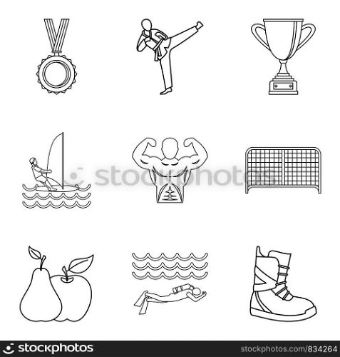 Sport lifestyle icons set. Outline set of 9 sport lifestyle vector icons for web isolated on white background. Sport lifestyle icons set, outline style