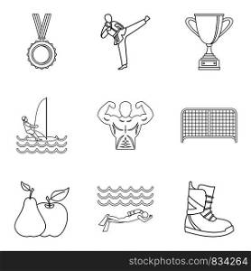 Sport lifestyle icons set. Outline set of 9 sport lifestyle vector icons for web isolated on white background. Sport lifestyle icons set, outline style