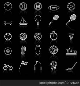 Sport line icons with reflect on black, stock vector
