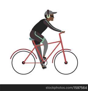 Sport man on bicycle. Cyclist african guy rides on bike in headphones, outdoor activities in park, simple young character healthy leisure lifestyle flat cartoon vector street riding isolated concept. Sport man on bicycle. Cyclist african guy rides on bike in headphones, outdoor activities in park, simple character healthy leisure lifestyle flat cartoon vector street riding concept
