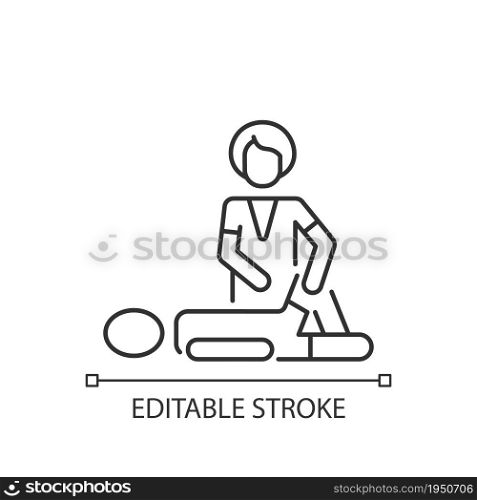 Sport massage linear icon. Help with injury recovery. Enhancing athletic performance. Thin line customizable illustration. Contour symbol. Vector isolated outline drawing. Editable stroke. Sport massage linear icon