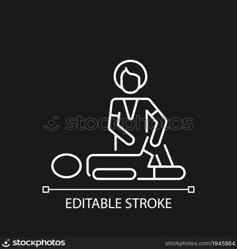 Sport massage white linear icon for dark theme. Injury recovery. Enhancing athletic performance. Thin line customizable illustration. Isolated vector contour symbol for night mode. Editable stroke. Sport massage white linear icon for dark theme