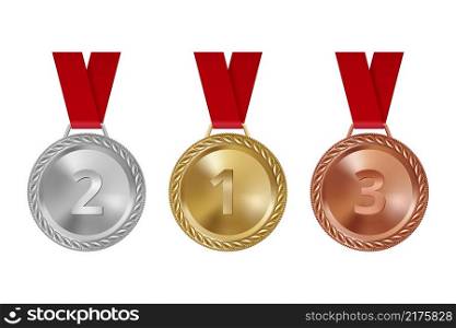Sport medals. Set of bronze golden silver awards on red ribbons shiny achievement challenge prizes decent vector set isolated. Golden medal for ch&ionship illustration. Sport medals. Set of bronze golden silver awards on red ribbons shiny achievement challenge prizes decent vector set isolated
