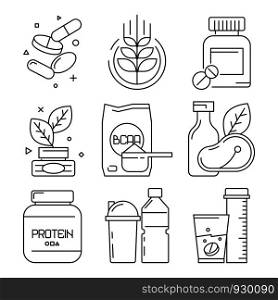 Sport medication icons. Whey multivitamin pills drinks supplement dietary fitness food vector linear symbols. Protein and bcaa, supplement to workout training, container with powder illustration. Sport medication icons. Whey multivitamin pills drinks supplement dietary fitness food vector linear symbols