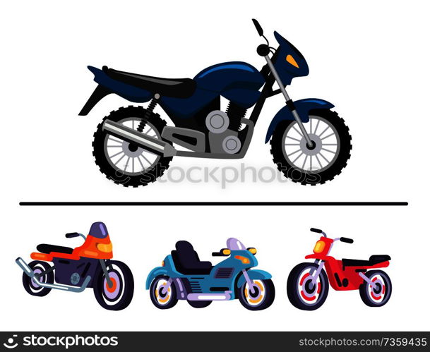 Sport motorcycles in shiny polished corpuses set. Fast bikes with powerful engine and comfortable leather seat isolated cartoon vector illustrations.. Sport Motorcycles in Shiny Polished Corpuses Set