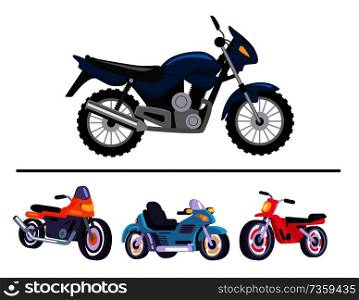 Sport motorcycles in shiny polished corpuses set. Fast bikes with powerful engine and comfortable leather seat isolated cartoon vector illustrations.. Sport Motorcycles in Shiny Polished Corpuses Set