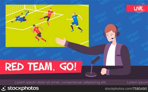 Sport news background composition with flat character of tv broadcaster editable text lines and football game vector illustration