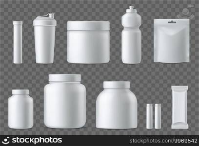 Sport nutrition containers. Realistic blank white plastic packaging mockups collection. Superfood, whey protein powder, vitamins and energy drinks. Sports dietary supplements. Vector 3d template set. Sport nutrition containers. Realistic blank white plastic packaging mockups collection. Superfood, whey protein powder, vitamins and energy drinks. Sports supplements. Vector 3d set