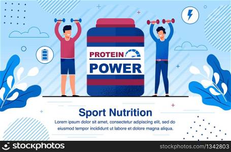 Sport Nutrition for Bodybuilders Trendy Flat Vector Advertising Banner, Promo Poster Template with Two Happy Smiling Man Pulling Dumbbells, Having Workout Eating Protein Supplements Illustration