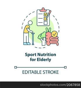 Sport nutrition for elderly concept icon. Healthcare and active lifestyle abstract idea thin line illustration. Isolated outline drawing. Editable stroke. Roboto-Medium, Myriad Pro-Bold fonts used. Sport nutrition for elderly concept icon