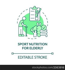 Sport nutrition for elderly green concept icon. Healthcare and activity abstract idea thin line illustration. Isolated outline drawing. Editable stroke. Roboto-Medium, Myriad Pro-Bold fonts used. Sport nutrition for elderly green concept icon
