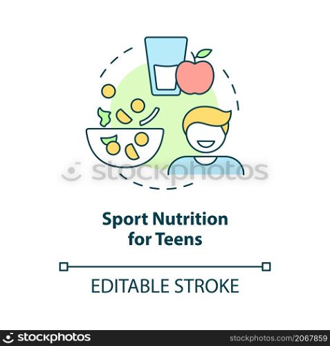 Sport nutrition for teens concept icon. Balanced ration for young athletes abstract idea thin line illustration. Isolated outline drawing. Editable stroke. Roboto-Medium, Myriad Pro-Bold fonts used. Sport nutrition for teens concept icon