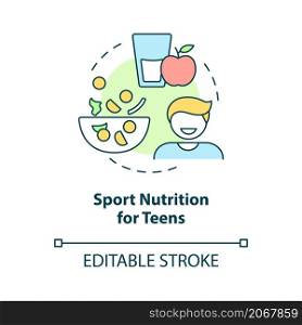 Sport nutrition for teens concept icon. Balanced ration for young athletes abstract idea thin line illustration. Isolated outline drawing. Editable stroke. Roboto-Medium, Myriad Pro-Bold fonts used. Sport nutrition for teens concept icon