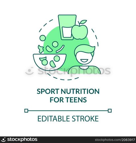 Sport nutrition for teens green concept icon. Meals for junior athletes abstract idea thin line illustration. Isolated outline drawing. Editable stroke. Roboto-Medium, Myriad Pro-Bold fonts used. Sport nutrition for teens green concept icon
