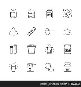 Sport nutrition icon. Vitamine active supplement food fitness industry pills whey protein health vector thin line symbols. Protein for sport, energy nutrition illustration. Sport nutrition icon. Vitamine active supplement food fitness industry pills whey protein health vector thin line symbols