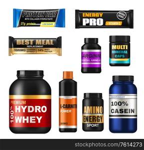 Sport nutrition realistic jars, isolated 3d vector protein supplements. Set of sports food bottles and low sugar protein bars. Fitness nutrition, vitamines, l-carnitne, caseine capsules and hydro whey. Sport nutrition realistic jars, vector