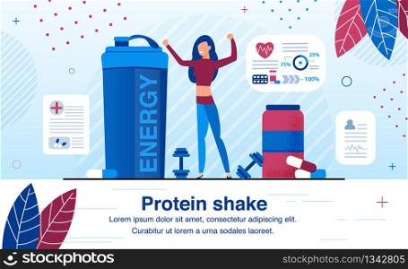 Sport Nutrition Supplements for Energy Revival After Hard Training Trendy Flat Vector Ad Banner, Promo Poster Template. Woman, Female Athlete Drinking Protein Shake After Workout in Gym Illustration