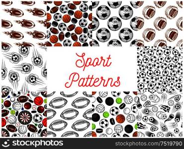 Sport objects seamless pattern. Vector pattern of ball for rugby, volleyball, soccer, football, tennis, bowling, hockey puck darts. Sport balls seamless patterns