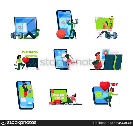 Sport online. Personal video lessons fitness trainings professional gym or yoga exercises healthy lifestyle at home garish vector characters. Illustration of fitness exercise online. Sport online. Personal video lessons fitness trainings professional gym or yoga exercises healthy lifestyle at home garish vector characters
