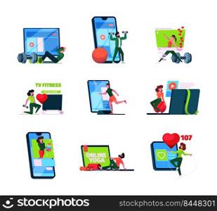 Sport online. Personal video lessons fitness trainings professional gym or yoga exercises healthy lifestyle at home garish vector characters. Illustration of fitness exercise online. Sport online. Personal video lessons fitness trainings professional gym or yoga exercises healthy lifestyle at home garish vector characters