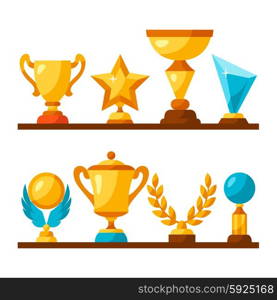 Sport or business trophy award icons set on shelves. Sport or business trophy award icons set on shelves.