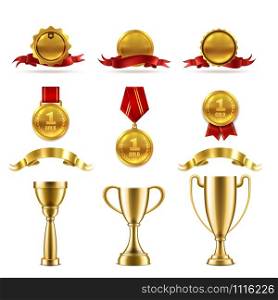 Sport or game trophy set. Gold reward badges and award cups for achievement of best success winner vector rating number medal image. Sport or game trophy set. Gold reward badges and award cups for achievement of best success winner vector image