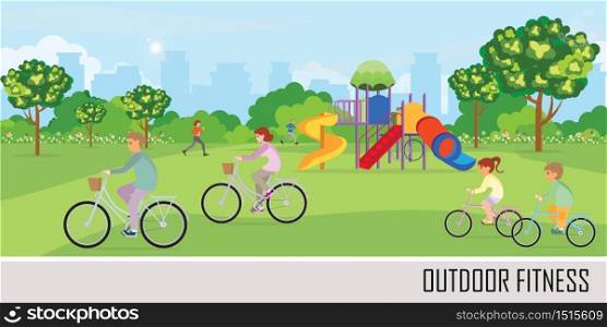 Sport outdoors activity with playground in the public park on the City view background.People are running, cycling and relaxing. healthy lifestyle concept vector illustration.