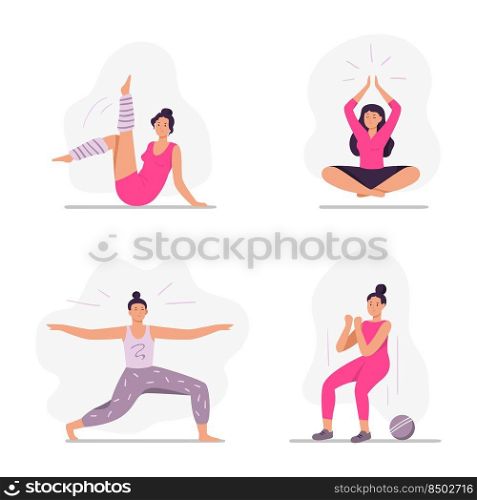 Sport peop≤. Women in sportswear doing yoga exercises, practicing meditation in lotus position. Fema≤character stretχng, doing squats in gym or at home. Sporty girls vector set. Sport peop≤. Women in sportswear doing yoga exercises, practicing meditation in lotus position. Fema≤character stretχng