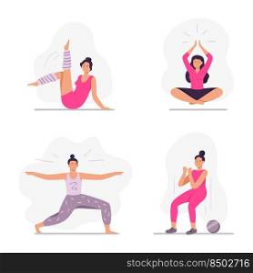 Sport peop≤. Women in sportswear doing yoga exercises, practicing meditation in lotus position. Fema≤character stretχng, doing squats in gym or at home. Sporty girls vector set. Sport peop≤. Women in sportswear doing yoga exercises, practicing meditation in lotus position. Fema≤character stretχng