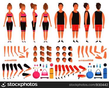 Sport people animation. Fitness male and female workout mascots body parts vector creation kit. Illustration of people girl and boy body, trainer creation man and woman physical strong. Sport people animation. Fitness male and female workout mascots body parts vector creation kit