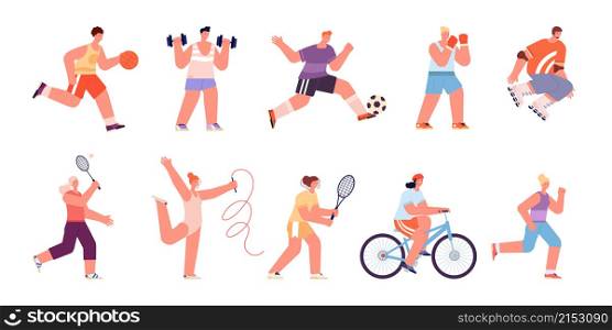 Sport people characters. Healthy women running, professional athlete. Person playing soccer, isolated sporting woman. Runner tennis player vector set. Illustration people activity workout and jogging. Sport people characters. Healthy women running, professional athlete. Person playing soccer, isolated sporting woman. Runner tennis player utter vector set