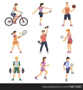 Sport people flat icons set with men and women cycling playing football and tennis isolated vector illustration. Sport People Flat Icons Set