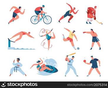 Sport people, professional athlete gymnast, boxer, runner. Athletic characters playing baseball, soccer, hockey, sports activities vector set. Woman doing rhythmic gymnastics, man playing golf. Sport people, professional athlete gymnast, boxer, runner. Athletic characters playing baseball, soccer, hockey, sports activities vector set