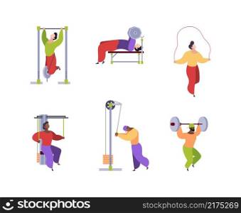 Sport people. Stylized flat characters making exercises healthy lifestyle activity cycling gym jogging yoga garish vector funny persons isolated. People activity outdoor, wellness workout character. Sport people. Stylized flat characters making exercises healthy lifestyle activity cycling gym jogging yoga garish vector funny persons isolated