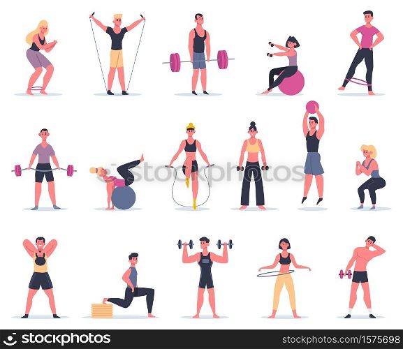 Sport people. Young athletes at sport gym, male female fitness workout characters training and exercising vector illustration icons set. Fitness training exercise, active woman and man, people workout. Sport people. Young athletes at sport gym, male female fitness workout characters training and exercising vector illustration icons set
