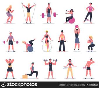 Sport people. Young athletes at sport gym, male female fitness workout characters training and exercising vector illustration icons set. Fitness training exercise, active woman and man, people workout. Sport people. Young athletes at sport gym, male female fitness workout characters training and exercising vector illustration icons set