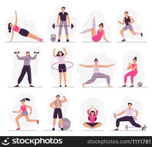 Sport people. Young athletic woman fitness activities, sports man and gym exercises. Characters gymnastics, outdoor active games and workout. Isolated vector illustration icons set. Sport people. Young athletic woman fitness activities, sports man and gym exercises vector illustration set