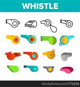 Sport Plastic Whistle Vector Color Icons Set. Referee, Football Trainers, Soccer Coach Multicolor Whistles Linear Symbols Pack. Blower, Alert, Attention Isolated Flat Illustrations. Sport Plastic Whistle Vector Color Icons Set