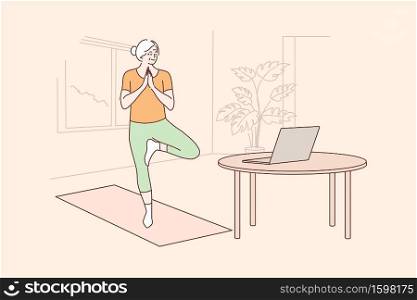 Sport, quarantine, training, education concept. Old woman senior citizen doing stretching balancing yoga exercises at home watching online lesson on laptop. Staying healthy on lockdown illustration.. Yoga, sport, quarantine, training, education concept