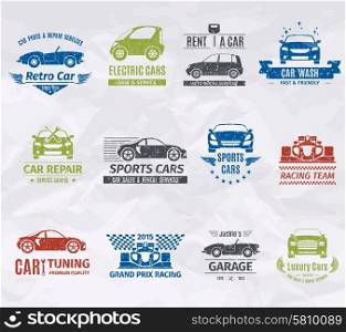 Sport racing car team logo stamps set isolated vector illustration. Car Logo Stamps