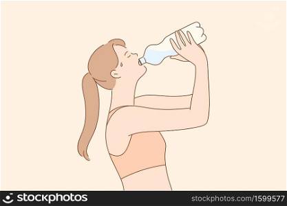 Sport, recreation, break, drink concept. Young thirsty woman or girl athlete cartoon character drinking water for refreshment after jogging. Active lifetyle recreation and summer heat illustration.. Sport, recreation, break, drink concept