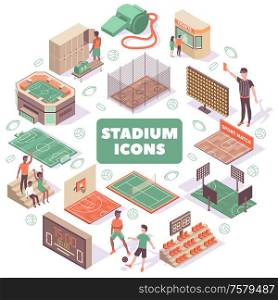 Sport round composition of isolated silhouette pictograms of balls and images of people with stadium icons vector illustration