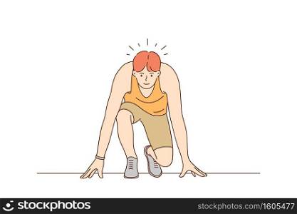 Sport, running, competition concept. Young man athlete sportsman sitting on start and ready to start running vector illustration. Competitive games and feeling energetic and powerful . Sport, running, competition concept