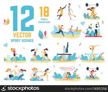 Sport Scenes Set with People Cartoon Characters. Powerlifting, Running, Doing Gymnastics and Acrobatics, Playing Football, Volleyball, Baseball, Basketball, Golf. Vector Flat Illustration. Sport Scenes Vector Set with People Characters