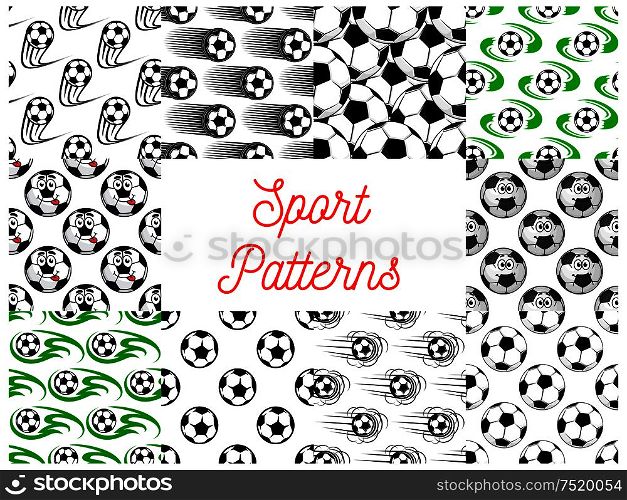 Sport seamless pattern. Vector pattern of football and soccer ball in motion, stylized, comic and cartoon style. Sport balls seamless patterns