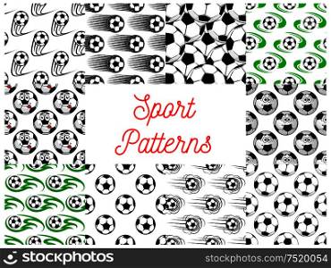 Sport seamless pattern. Vector pattern of football and soccer ball in motion, stylized, comic and cartoon style. Sport balls seamless patterns