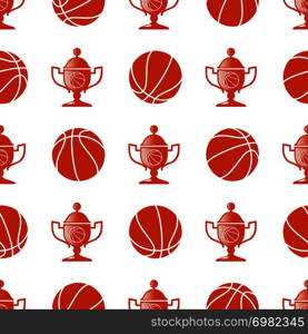 Sport seamless pattern with basketball ball and trophy. Sport pattern background, vector illustration. Sport seamless pattern with basketball ball and trophy