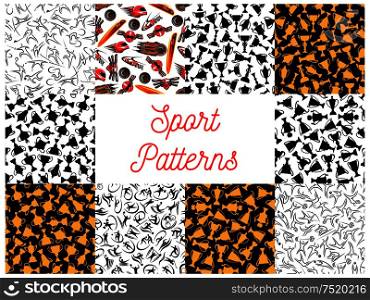 Sport seamless patterns with athletes of individual and team sports, racing car, trophy, motorsport helmet and winner cup. Sporting competition themes design. Sport seamless pattern set for sporting design