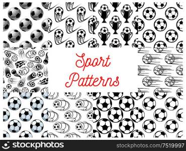 Sport seamless patterns with set of black and white football or soccer balls, champion trophy and winner cup. Sporting items, football championship themes design. Sport seamless patterns with soccer balls