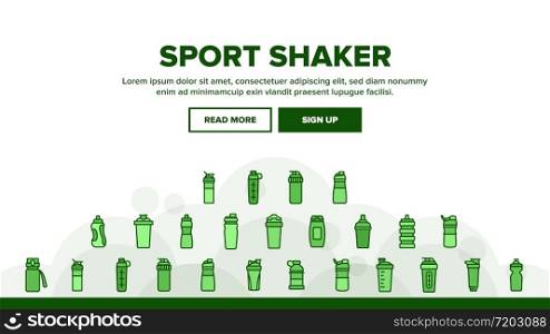 Sport Shaker Tool Landing Web Page Header Banner Template Vector. Sport Shaker Cup In Different Design, Sportsman Equipment For Drink Fitness Cocktail Illustrations. Sport Shaker Tool Landing Header Vector
